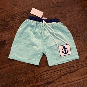 Kids Mint Anchor Swim Trunks with Navy Waistband